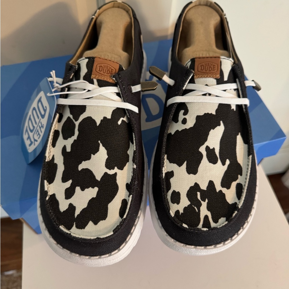 Hey Dude Black/cow pattern Loafers